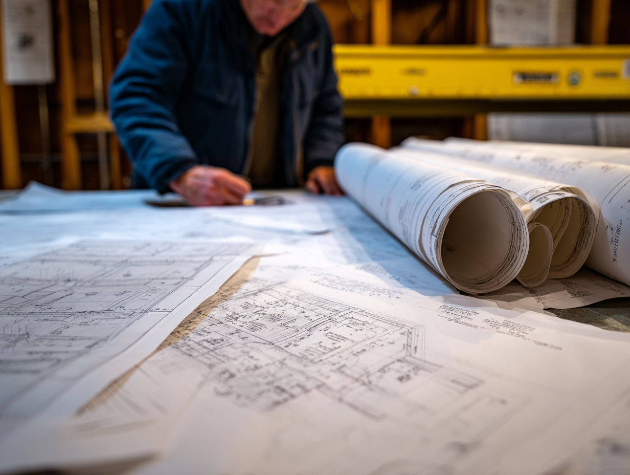 Engineer reviewing building plans and certified soundproofing materials in an office